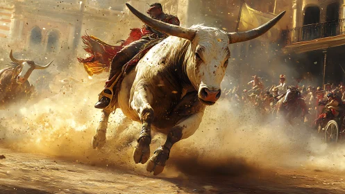 Dust-charged bull charge thunders through sunlit chaos.