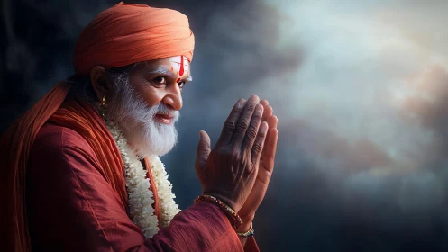 Devotional Indian elder in prayer against moody sky.