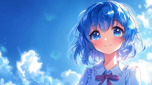 Blue haired anime girl against bright daytime sky backdrop.