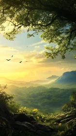 Sunlit valley panorama beneath overhanging forest canopy.