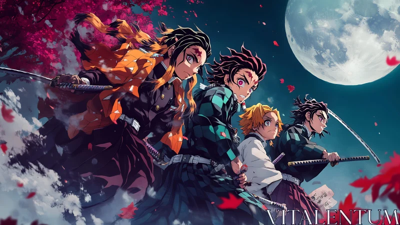 Moonlit anime swordsmen advance under crimson autumn skies