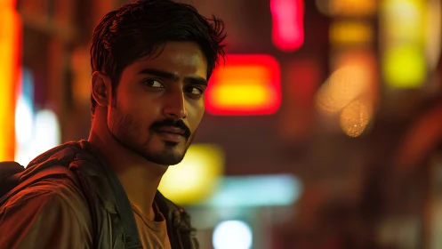 Neon-lit urban portrait with shallow depth and warm bokeh glow.