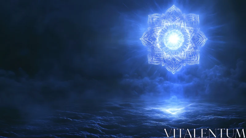Luminous celestial mandala rising above a dreamlike sea.