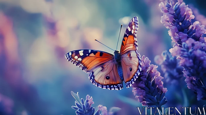 Orange butterfly on lavender flowers in soft focus garden.