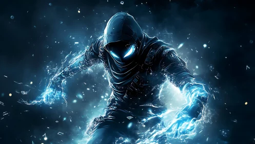 Hooded humanoid figure with blue electric energy aura present.
