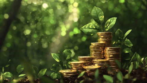 Golden coins nurture green seedlings in sunlit forest glow.