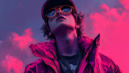 Young person in magenta jacket looks upward under neon sky