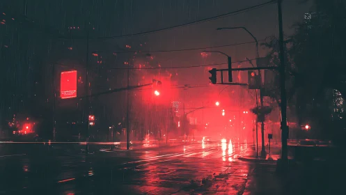Rain soaked urban intersection under dense red streetlights.
