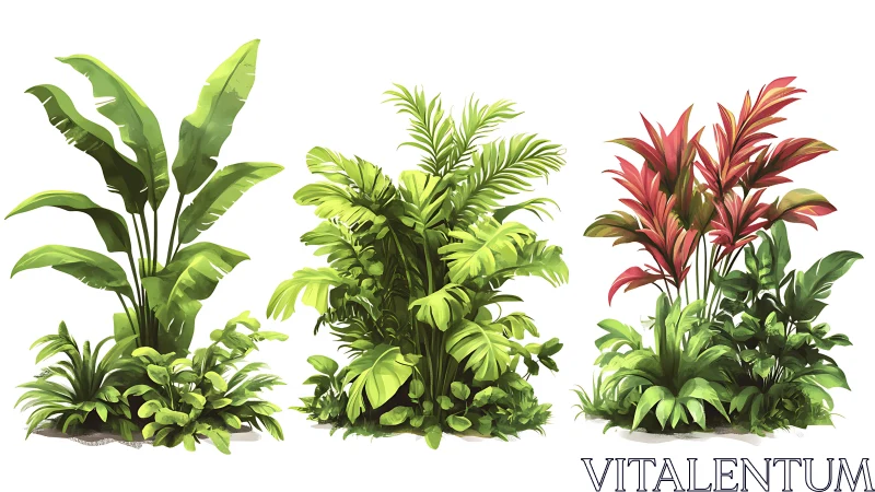 Tropical plant clusters showcase lush foliage variations.