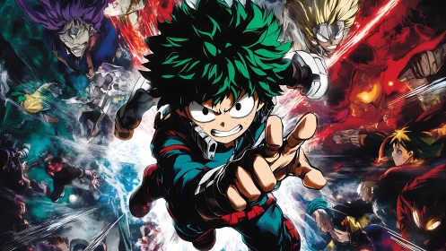 Green haired anime hero lunges forward amid chaotic battle