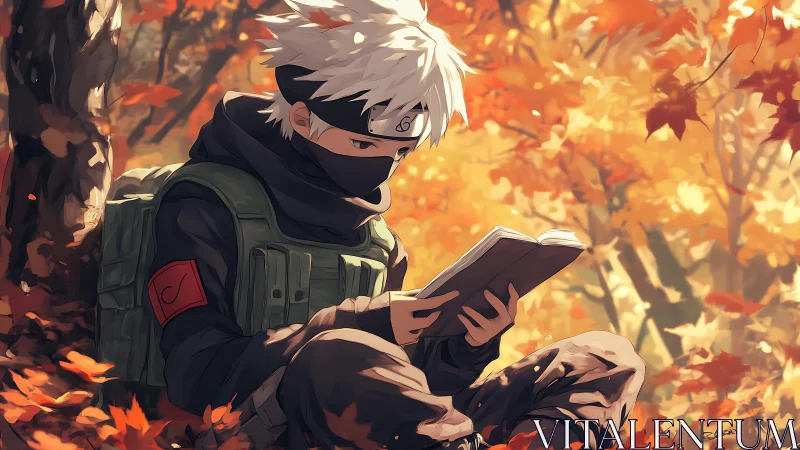 Masked young reader in forest with autumn foliage background.