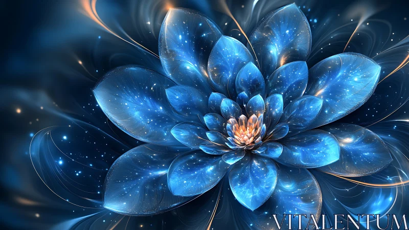 Blue luminous fractal flower with layered translucent petals.