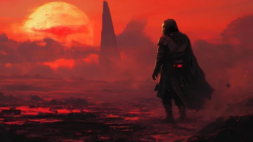 Lone armored wanderer surveys volcanic wasteland at red sunset