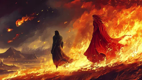 Two cloaked figures walk through burning fantasy landscape.