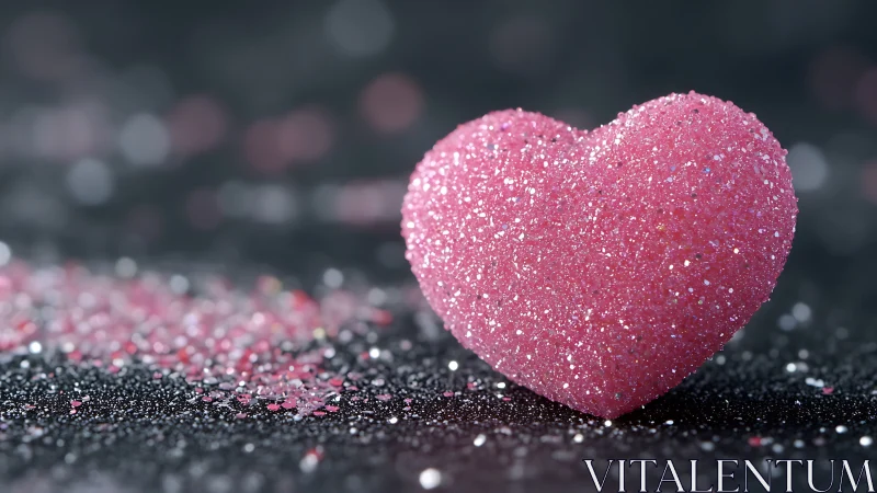 Pink glitter heart stands on dark surface in close focus