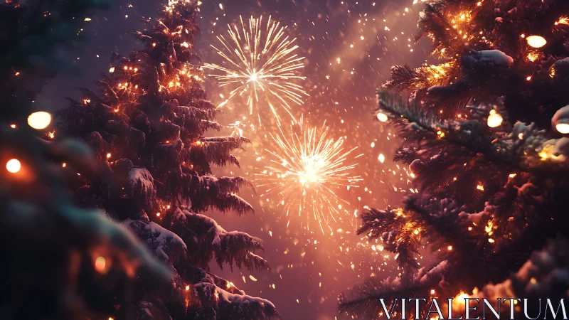 Snow covered fir trees with fireworks in winter night sky.