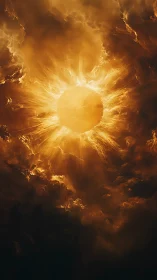 Solar heart erupts through storm-wrapped celestial clouds