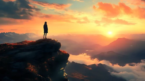 Silhouetted hiker overlooks radiant mountain sunrise vista.