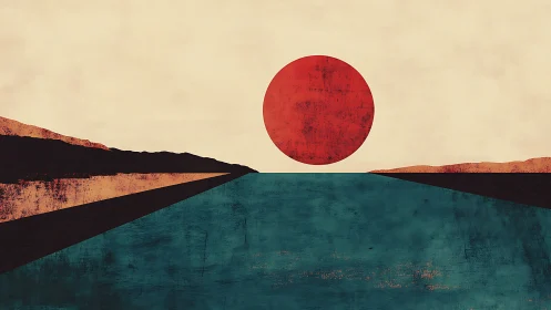 Minimalist red sun settles over abstract coastal horizon.