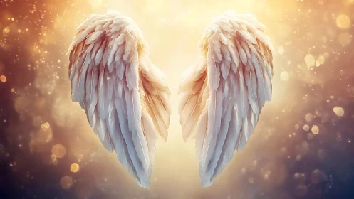 Luminous angel wings drifting through a sunrise of stardust.