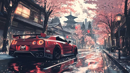 Tuned red GT coupe under cherry blossoms on wet Kyoto street