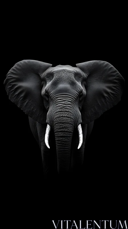 Monochrome frontal elephant portrait isolates form and texture