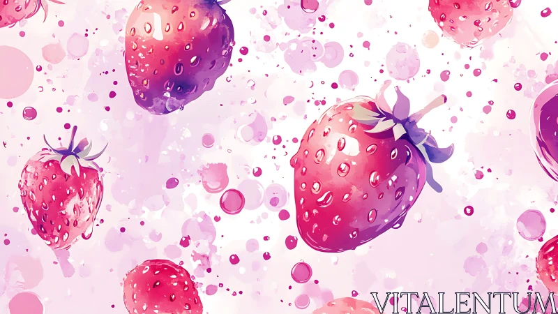 Digital strawberry pattern with pink fluid bubble backdrop.