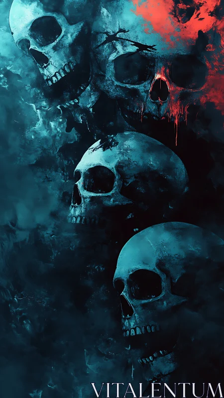 Stacked human skulls in blue and red atmospheric haze.