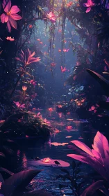 Luminous pink flowers frame a reflective jungle waterway