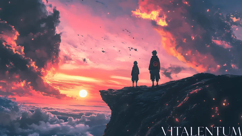 Silhouetted anime figures observe a volumetric sunset sky