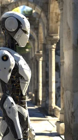 Solitary android contemplates amid sunlit ancient ruins