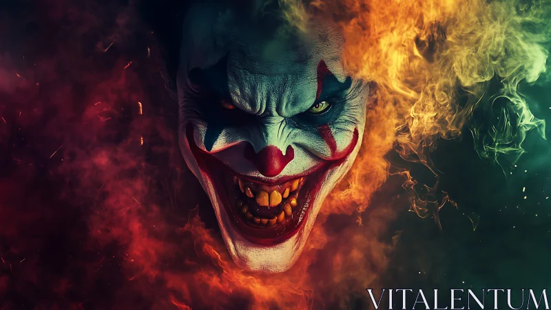 Sinister clown grinning through swirling fiery smoke.