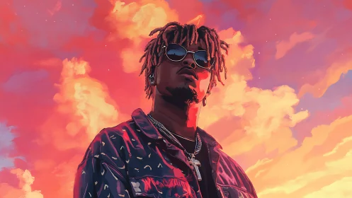 Sky-drenched cool kid crowned by neon cotton clouds.