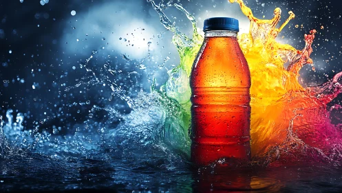 Chilled beverage bottle amid dynamic colorful splashes.