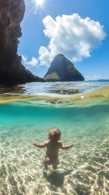 Child in Turquoise Waters Beneath Towering Rock Formation.