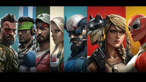 Stylized futuristic hero lineup with segmented vibrant backdrops