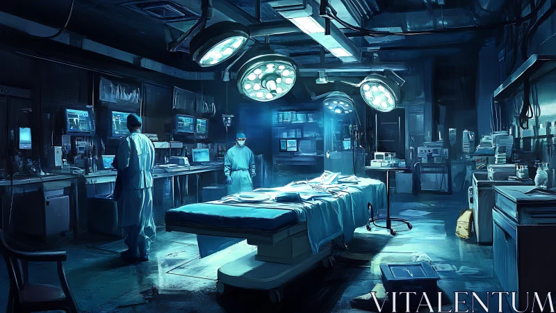 Sterile blue-lit surgical theater with monitors and staff on call.
