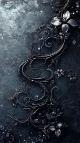 Metallic floral ornament forms vertical curve on textured ground