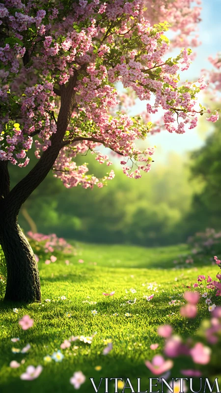 Spring blossom tree bends over sunlit meadow clearing
