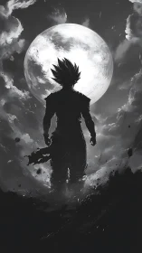 Backlit warrior silhouette aligned against overexposed full moon