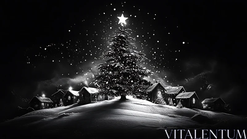 Snowlit Christmas tree crowning a secluded winter village.