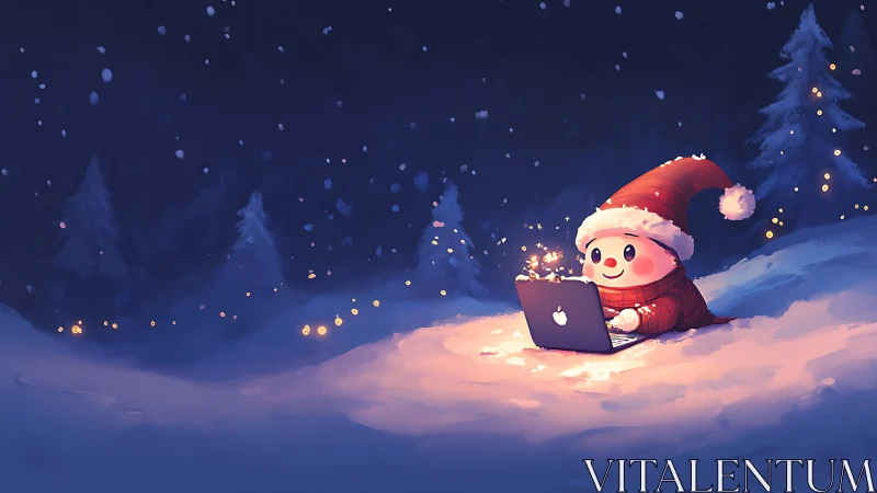 Snow figure with laptop in winter forest night scene.