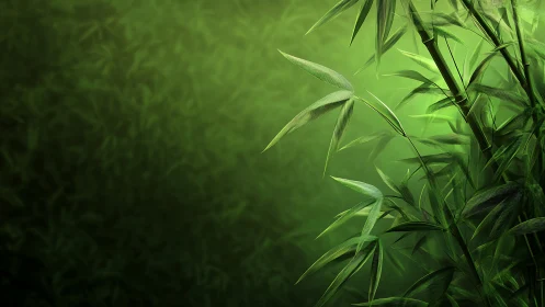 Soft light through tranquil bamboo leaves in quiet green hush.