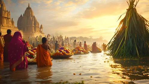 Sun-drenched river ritual braids temples, flowers, and flame