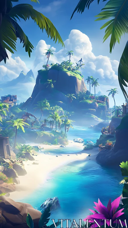 Tropical Island Paradise with Towering Rock Formation and Turquoise Waters