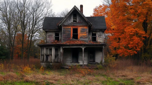 Weather-beaten ghost house leans into a blaze of autumn fire