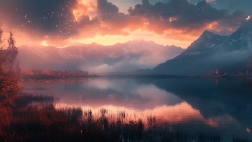 Twilight embers drift above a glass lake of dreaming peaks.
