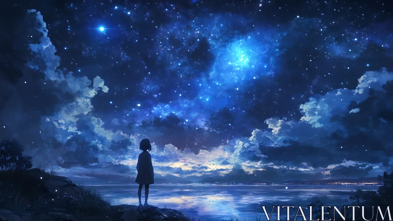 Silhouette child watching starry blue night sky over water.