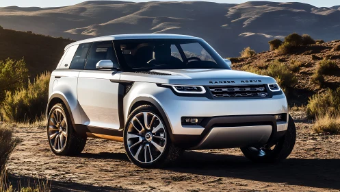White modern SUV parked on rugged desert landscape.