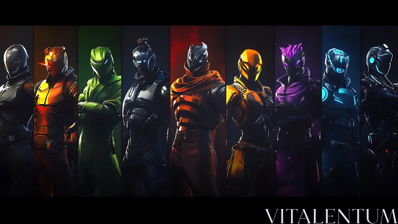 Lineup of futuristic armored heroes in vivid neon colors.